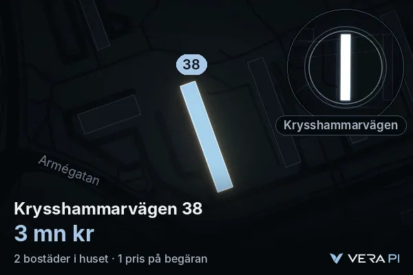 VERA PI's image of Krysshammarvägen 38: the building in 3D, lit in blue, and the map around it