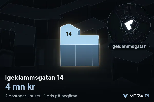 VERA PI's image of Igeldammsgatan 14: the building in 3D, lit in blue, and the map around it
