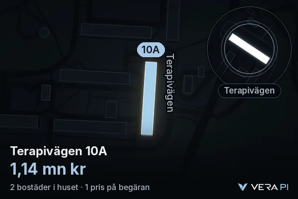 VERA PI's image of Terapivägen 10A: the building in 3D, lit in blue, and the map around it