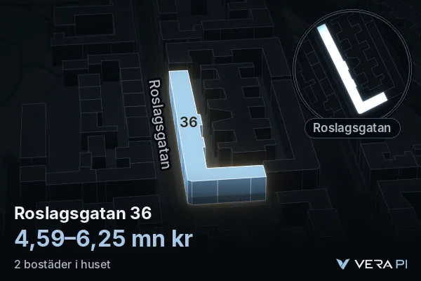 VERA PI:s bild av Roslagsgatan 36: huset i 3D, upplyst i blått, och kartan runt omkring