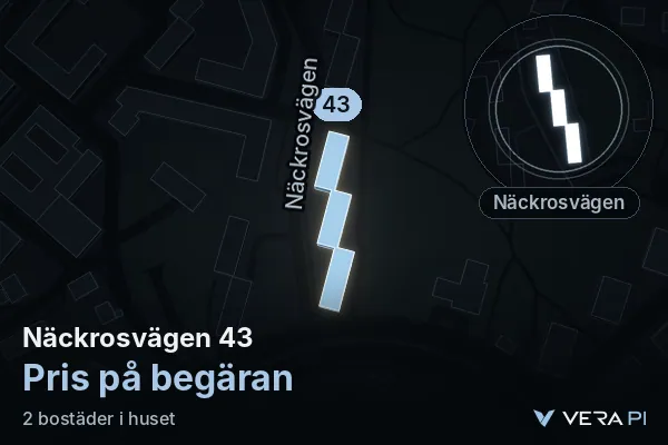 VERA PI's image of Näckrosvägen 43: the building in 3D, lit in blue, and the map around it