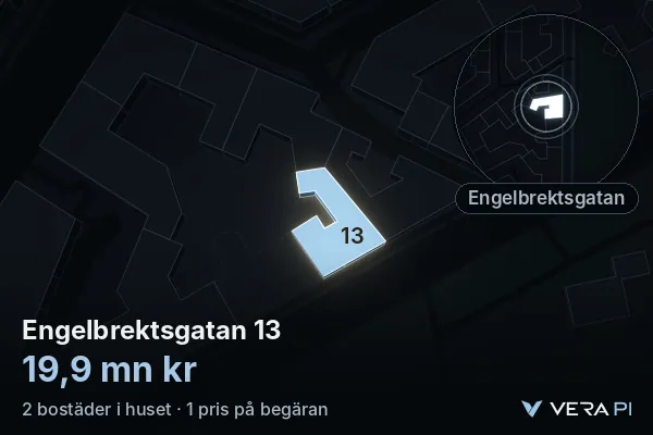 VERA PI:s bild av Engelbrektsgatan 13: huset i 3D, upplyst i blått, och kartan runt omkring