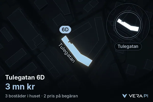 VERA PI:s bild av Tulegatan 6D: huset i 3D, upplyst i blått, och kartan runt omkring