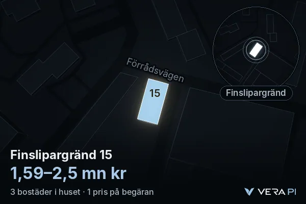 VERA PI:s bild av Finslipargränd 15: huset i 3D, upplyst i blått, och kartan runt omkring