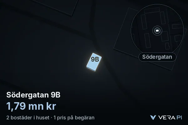 VERA PI:s bild av Södergatan 9B: huset i 3D, upplyst i blått, och kartan runt omkring