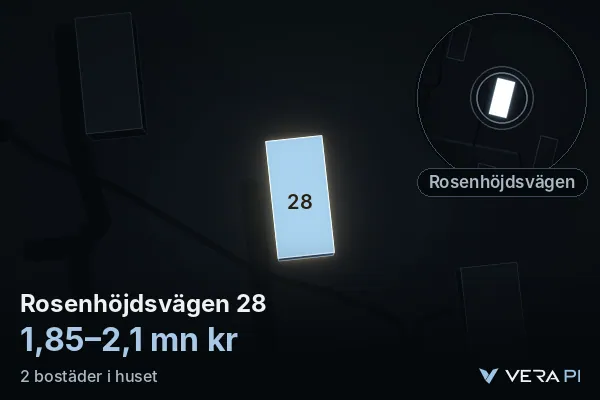 VERA PI:s bild av Rosenhöjdsvägen 28: huset i 3D, upplyst i blått, och kartan runt omkring