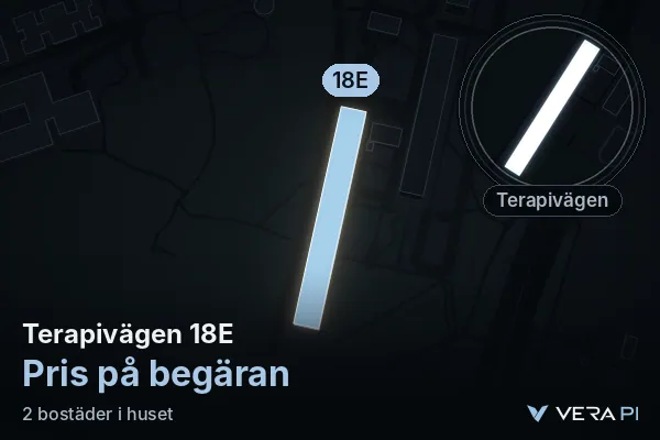 VERA PI:s bild av Terapivägen 18E: huset i 3D, upplyst i blått, och kartan runt omkring