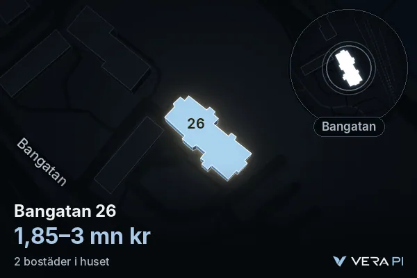 VERA PI's image of Bangatan 26: the building in 3D, lit in blue, and the map around it