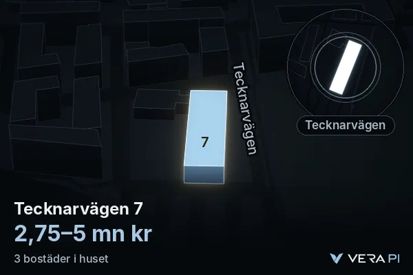 VERA PI's image of Tecknarvägen 7: the building in 3D, lit in blue, and the map around it