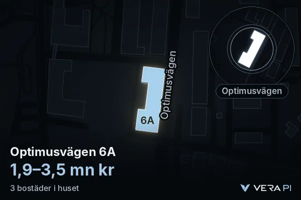 VERA PI:s bild av Optimusvägen 6A: huset i 3D, upplyst i blått, och kartan runt omkring