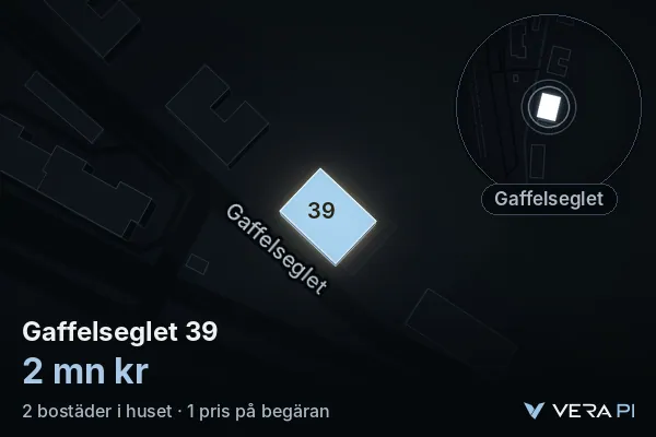 VERA PI:s bild av Gaffelseglet 39: huset i 3D, upplyst i blått, och kartan runt omkring