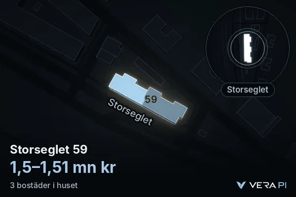 VERA PI:s bild av Storseglet 59: huset i 3D, upplyst i blått, och kartan runt omkring