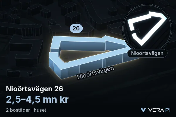 VERA PI's image of Nioörtsvägen 26: the building in 3D, lit in blue, and the map around it