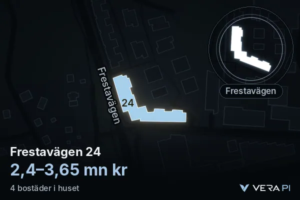 VERA PI's image of Frestavägen 24: the building in 3D, lit in blue, and the map around it