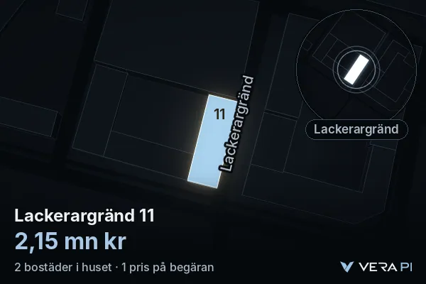 VERA PI:s bild av Lackerargränd 11: huset i 3D, upplyst i blått, och kartan runt omkring