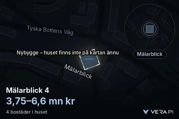 VERA PI:s bild av Mälarblick 4: huset i 3D, upplyst i blått, och kartan runt omkring