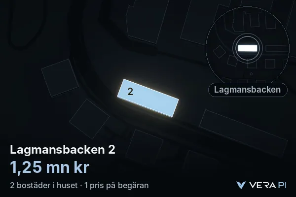 VERA PI's image of Lagmansbacken 2: the building in 3D, lit in blue, and the map around it