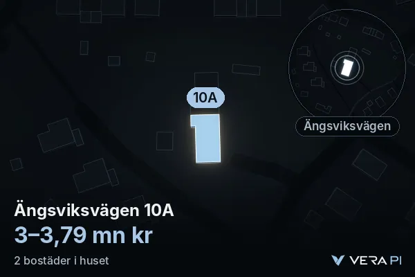 VERA PI's image of Ängsviksvägen 10A: the building in 3D, lit in blue, and the map around it