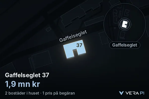 VERA PI's image of Gaffelseglet 37: the building in 3D, lit in blue, and the map around it