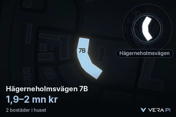 VERA PI:s bild av Hägerneholmsvägen 7B: huset i 3D, upplyst i blått, och kartan runt omkring