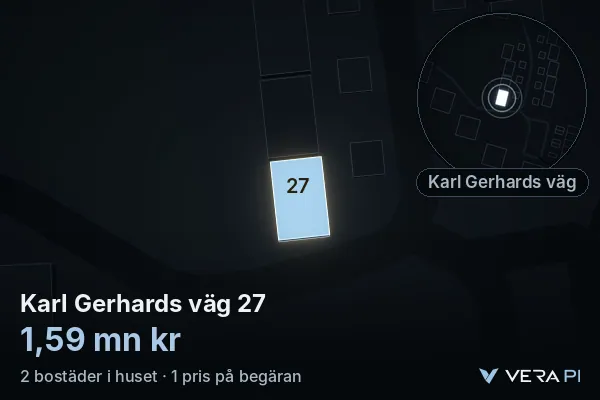 VERA PI:s bild av Karl Gerhards väg 27: huset i 3D, upplyst i blått, och kartan runt omkring