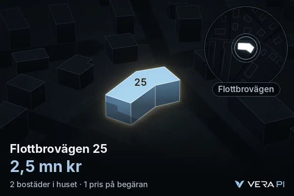 VERA PI's image of Flottbrovägen 25: the building in 3D, lit in blue, and the map around it
