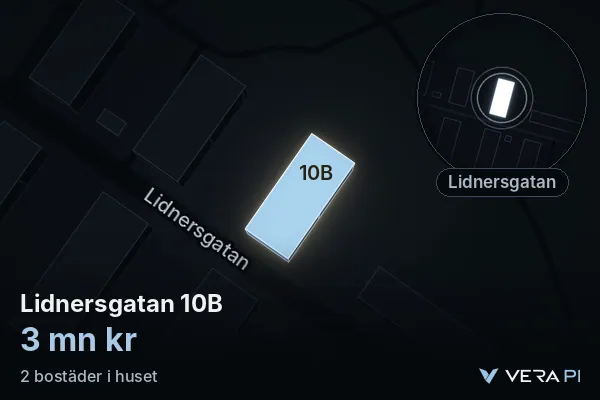 VERA PI:s bild av Lidnersgatan 10B: huset i 3D, upplyst i blått, och kartan runt omkring