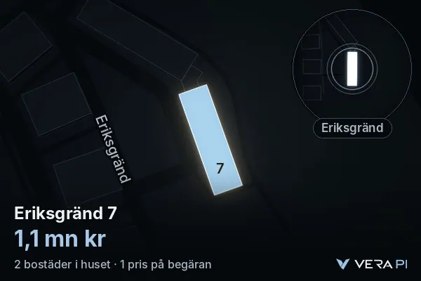 VERA PI's image of Eriksgränd 7: the building in 3D, lit in blue, and the map around it
