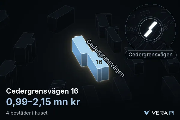 VERA PI:s bild av Cedergrensvägen 16: huset i 3D, upplyst i blått, och kartan runt omkring