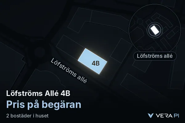 VERA PI:s bild av Löfströms Allé 4B: huset i 3D, upplyst i blått, och kartan runt omkring