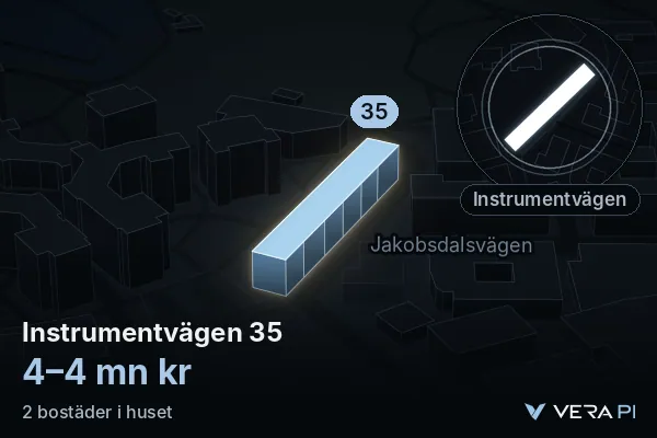 VERA PI:s bild av Instrumentvägen 35: huset i 3D, upplyst i blått, och kartan runt omkring
