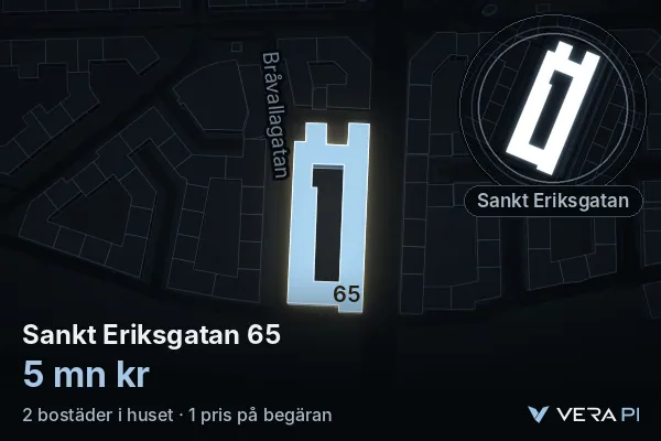 VERA PI:s bild av Sankt Eriksgatan 65: huset i 3D, upplyst i blått, och kartan runt omkring