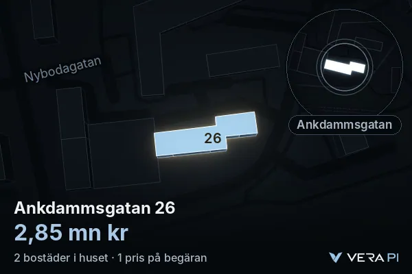 VERA PI's image of Ankdammsgatan 26: the building in 3D, lit in blue, and the map around it