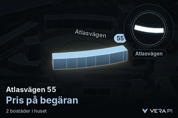 VERA PI:s bild av Atlasvägen 55: huset i 3D, upplyst i blått, och kartan runt omkring