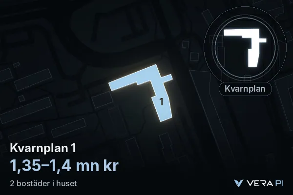 VERA PI's image of Kvarnplan 1: the building in 3D, lit in blue, and the map around it