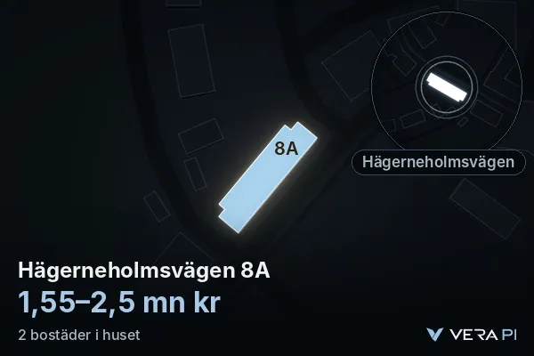 VERA PI:s bild av Hägerneholmsvägen 8A: huset i 3D, upplyst i blått, och kartan runt omkring
