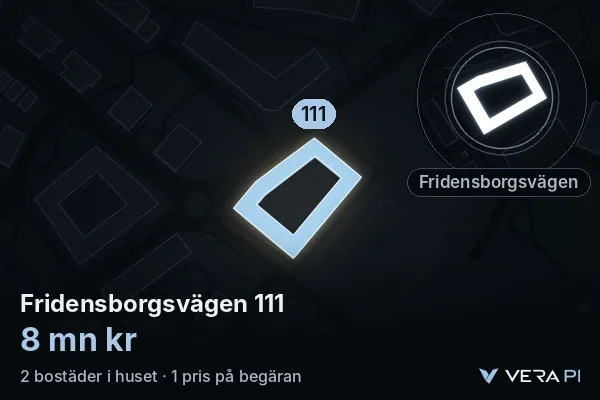 VERA PI's image of Fridensborgsvägen 111: the building in 3D, lit in blue, and the map around it