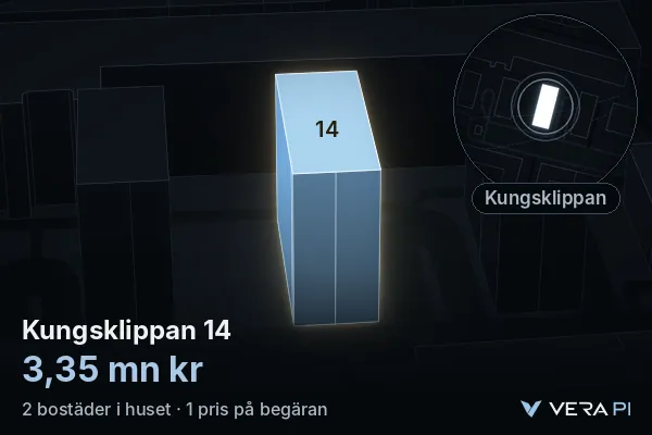 VERA PI:s bild av Kungsklippan 14: huset i 3D, upplyst i blått, och kartan runt omkring