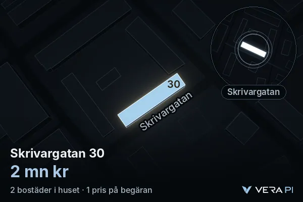 VERA PI:s bild av Skrivargatan 30: huset i 3D, upplyst i blått, och kartan runt omkring