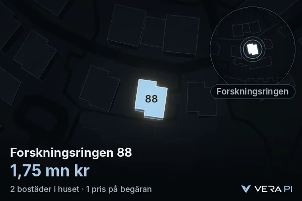 VERA PI:s bild av Forskningsringen 88: huset i 3D, upplyst i blått, och kartan runt omkring