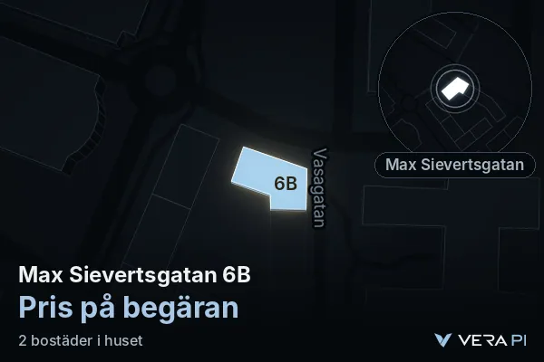 VERA PI:s bild av Max Sievertsgatan 6B: huset i 3D, upplyst i blått, och kartan runt omkring