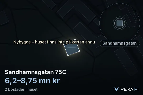 VERA PI:s bild av Sandhamnsgatan 75C: huset i 3D, upplyst i blått, och kartan runt omkring