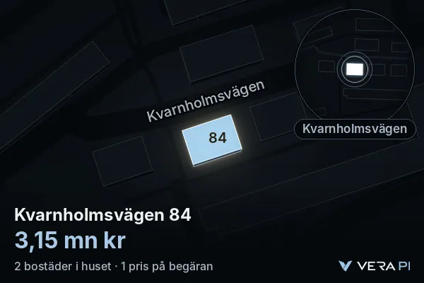 VERA PI:s bild av Kvarnholmsvägen 84: huset i 3D, upplyst i blått, och kartan runt omkring