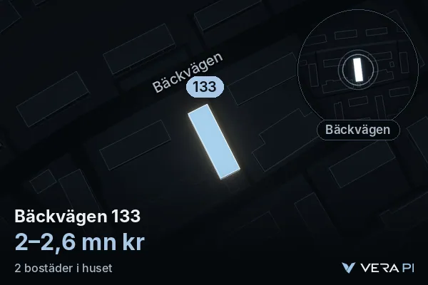 VERA PI:s bild av Bäckvägen 133: huset i 3D, upplyst i blått, och kartan runt omkring