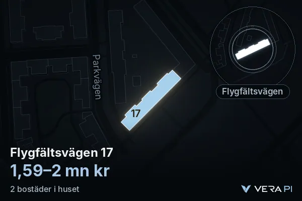 VERA PI's image of Flygfältsvägen 17: the building in 3D, lit in blue, and the map around it