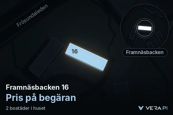 VERA PI's image of Framnäsbacken 16: the building in 3D, lit in blue, and the map around it