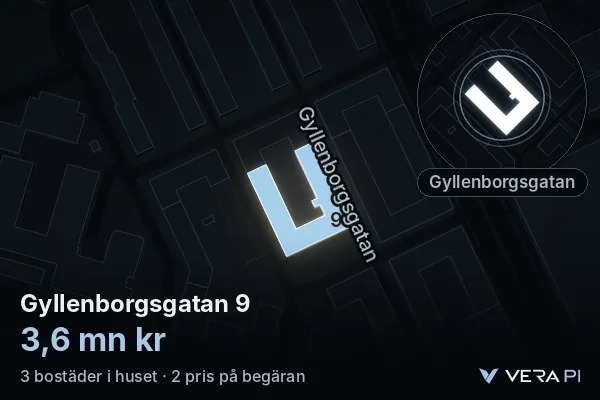 VERA PI:s bild av Gyllenborgsgatan 9: huset i 3D, upplyst i blått, och kartan runt omkring