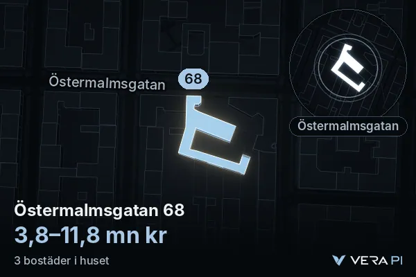 VERA PI:s bild av Östermalmsgatan 68: huset i 3D, upplyst i blått, och kartan runt omkring