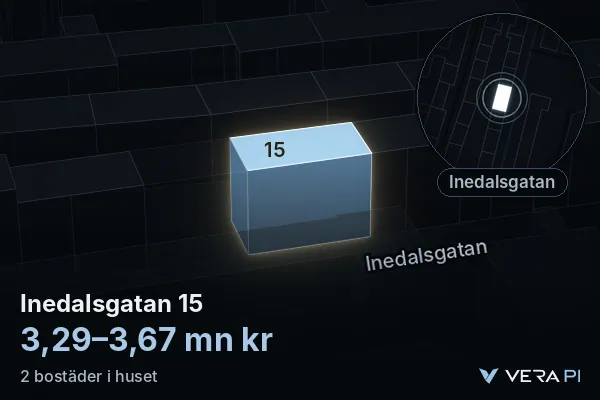 VERA PI:s bild av Inedalsgatan 15: huset i 3D, upplyst i blått, och kartan runt omkring