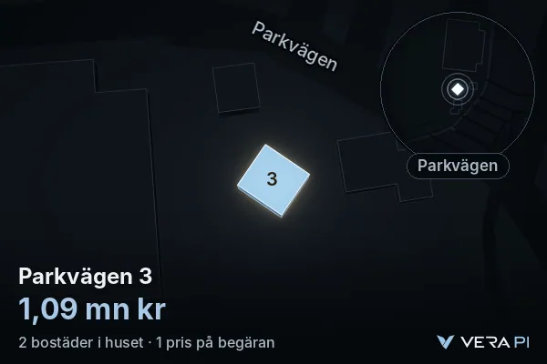VERA PI's image of Parkvägen 3: the building in 3D, lit in blue, and the map around it
